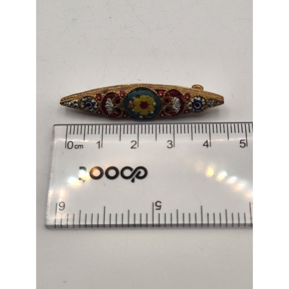 Vintage Italian Micro Mosaic Floral Brooch Gold Tone Marquise Millefiori Pin - Picture 3 of 3